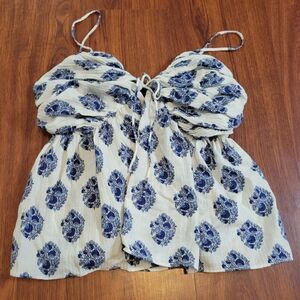 J. Crew Gathered Lurex Gauze Camisole Gathered Floral Block Print Blue, Size 4